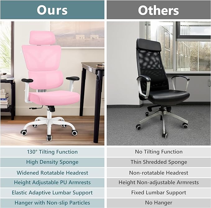 Office Chair Ergonomic Desk Chair, High Back Gaming Chair, Big and Tall Reclining chair Comfy Home Office Desk Chair Lumbar Support Breathable Mesh Computer Chair Adjustable Armrests (Pink) - LeafyLoom