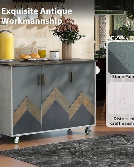 Kitchen Island with Storage, Rolling Table on Wheels w/Drop Leaf, Internal Storage Rack and Towel Rack for Dinning Room - LeafyLoom