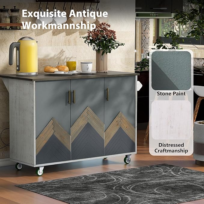 Kitchen Island with Storage, Rolling Table on Wheels w/Drop Leaf, Internal Storage Rack and Towel Rack for Dinning Room - LeafyLoom