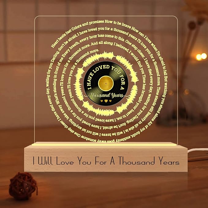 Romantic Valentines Gifts for Boyfriend, Thousand Years Vinyl Record w Wooden Base 3D Illusion Lamp USB Powered Acrylic Night Light for Girlfriend Him Her Husband Wife on Birthday Anniversary - LeafyLoom