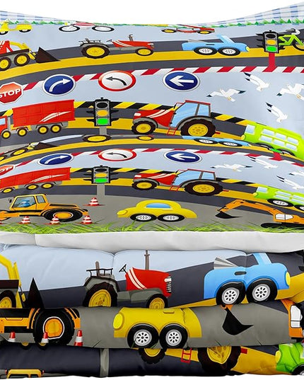 Tailor Shop Construction Vehicle Truck Kids Comforter Set Twin Size，Cartoon Excavator Bedding Sets Comforter Cover for Boys Childs Teens ，Tractor Mixer Room Decor with 1 Comforter 1 Pillowcases… - LeafyLoom