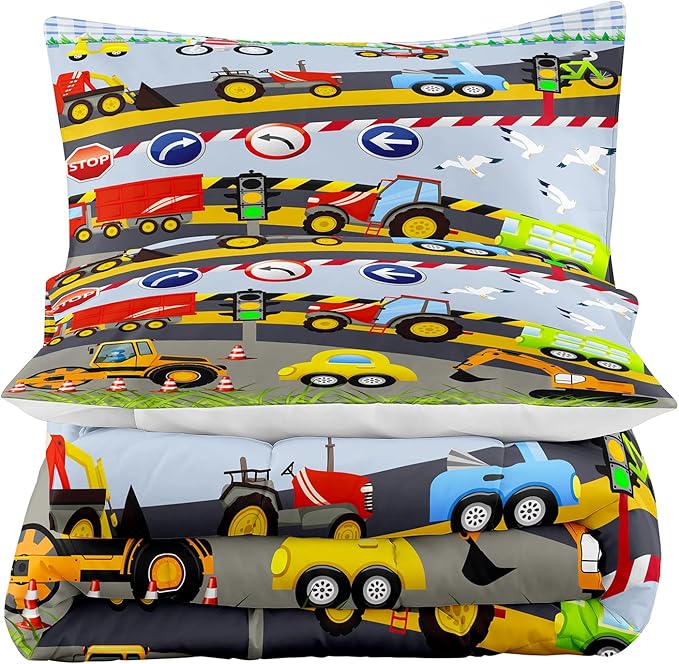 Tailor Shop Construction Vehicle Truck Kids Comforter Set Twin Size，Cartoon Excavator Bedding Sets Comforter Cover for Boys Childs Teens ，Tractor Mixer Room Decor with 1 Comforter 1 Pillowcases… - LeafyLoom