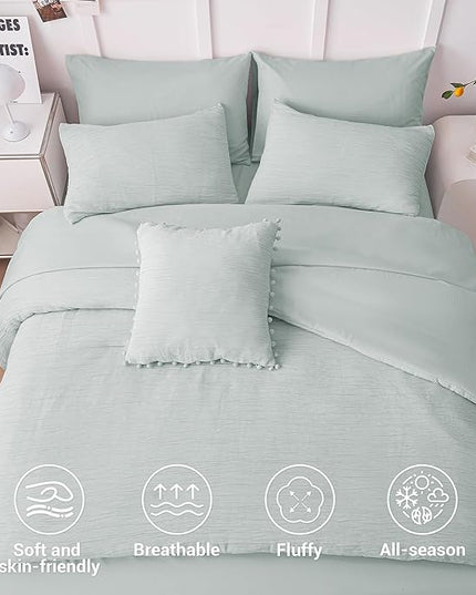 8 Piece Woven Texture Sage Green Comforter Set Queen, Bed in A Bag Bedding Sets Queen with Comforter and Sheets, Soft Lightweight Comforter Set with Deocor Throw Pillow, Green - LeafyLoom
