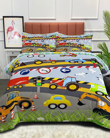 Tailor Shop Construction Vehicle Truck Comforter Set Queen Size，Cartoon Excavator Bedding Sets Comforter Cover for Boys Childs Kids Teens ，Tractor Mixer Room Decor with 1 Comforter 2 Pillowcases - LeafyLoom