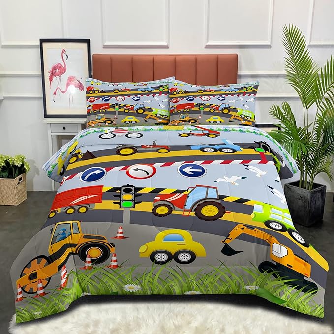 Tailor Shop Construction Vehicle Truck Comforter Set Queen Size，Cartoon Excavator Bedding Sets Comforter Cover for Boys Childs Kids Teens ，Tractor Mixer Room Decor with 1 Comforter 2 Pillowcases - LeafyLoom