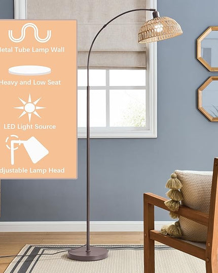 Curved Floor Lamp with Remote Control and Foot Switch Adjustable Hanging Drum Woven Lampshade, Reading Lamp Next to Sofa, Living Room and Bedroom (New Coffee Gold) - LeafyLoom