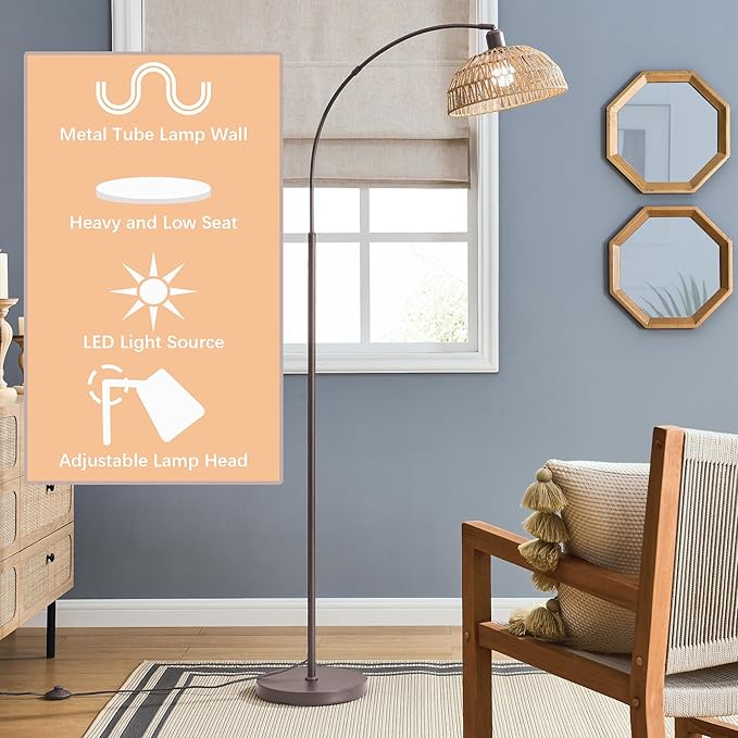 Curved Floor Lamp with Remote Control and Foot Switch Adjustable Hanging Drum Woven Lampshade, Reading Lamp Next to Sofa, Living Room and Bedroom (New Coffee Gold) - LeafyLoom