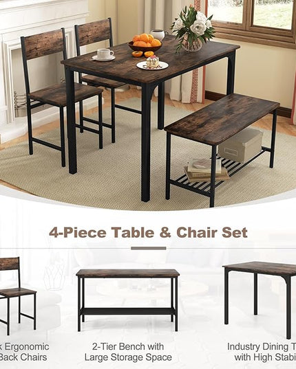 Dining Table Set for 4, Dinette Set w/Bench & Chairs, 2-Person Kitchen Table and Chairs w/Metal Frame & Storage Rack, Space-Saving Kitchen Table w/Bench for Apartment (Rustic Brown), Small - LeafyLoom
