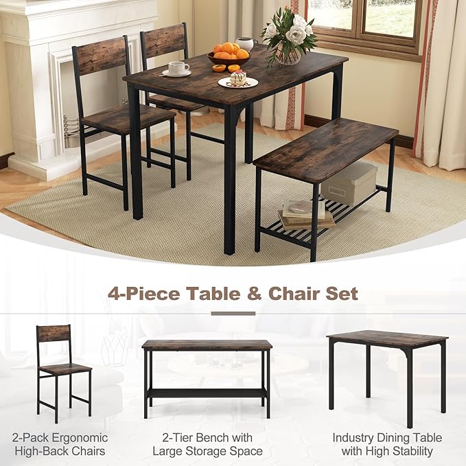 Dining Table Set for 4, Dinette Set w/Bench & Chairs, 2-Person Kitchen Table and Chairs w/Metal Frame & Storage Rack, Space-Saving Kitchen Table w/Bench for Apartment (Rustic Brown), Small - LeafyLoom
