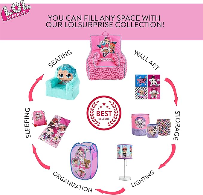 Idea Nuova LOL Surprise Kids Nylon Bean Bag Chair with Piping & Top Carry Handle, Large - LeafyLoom