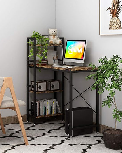 4NM 35" Small Computer Desk with 4-Tier Bookshelf, Home Office Desk Writing Workstation Study Table Multipurpose for Small Space Work - Rustic Brown and Black - LeafyLoom