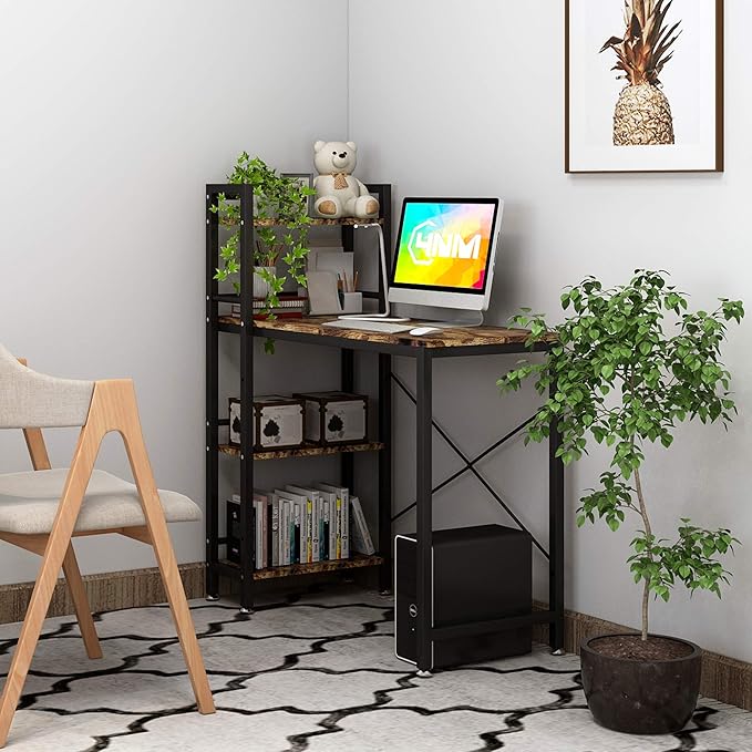 4NM 35" Small Computer Desk with 4-Tier Bookshelf, Home Office Desk Writing Workstation Study Table Multipurpose for Small Space Work - Rustic Brown and Black - LeafyLoom