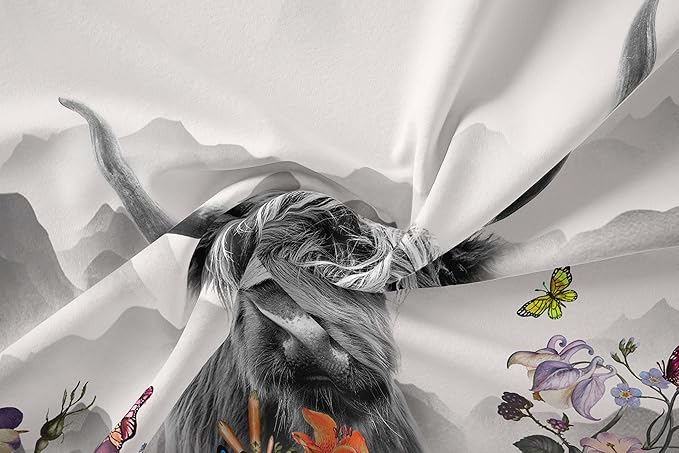 Tailor Shop Highland Cow Comforter Sets Twin Size,Highland Cow Bedding Set for Teens Kids Man,Cattle Comforter Western Animal Wildlife Farmhouse Bull Mountain Flower Comforter with 1 Pillowcase - LeafyLoom