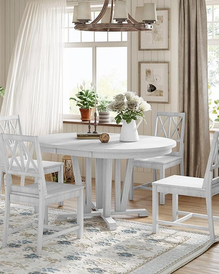 Rustic Round Trestle, Extending w/4 Cross Back Chairs, Easy Assembly, Room, Kitchen, Small Place, 5 Piece Dining Table Set, Gray 11 - LeafyLoom