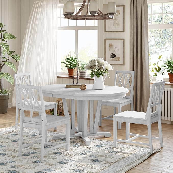 Rustic Round Trestle, Extending w/4 Cross Back Chairs, Easy Assembly, Room, Kitchen, Small Place, 5 Piece Dining Table Set, Gray 11 - LeafyLoom