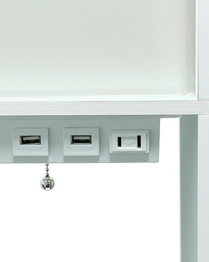 Simple Designs LF1037-WHT Floor Lamp Etagere Organizer Storage Shelf with 2 USB Charging Ports, 1 Charging Outlet and Linen Shade, White - LeafyLoom