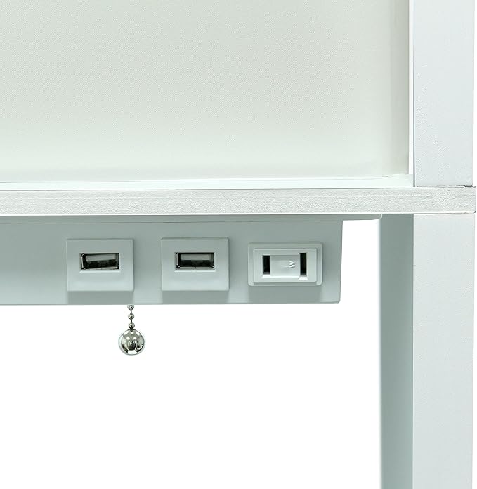 Simple Designs LF1037-WHT Floor Lamp Etagere Organizer Storage Shelf with 2 USB Charging Ports, 1 Charging Outlet and Linen Shade, White - LeafyLoom