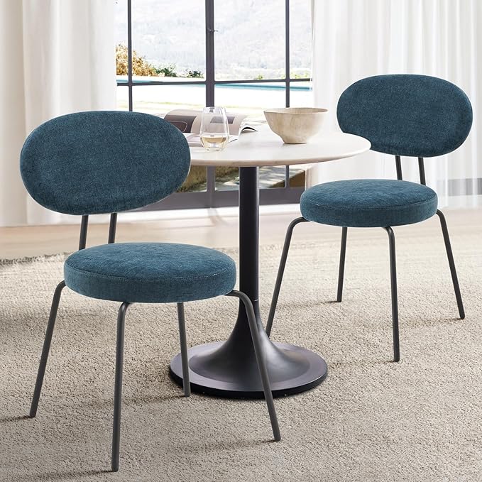 COLAMY Modern Fabric Dining Chairs Set of 4, Upholstered Dining Room Kitchen Chairs with Curved Backrest, Round Seat, Black Metal Legs, Green - LeafyLoom