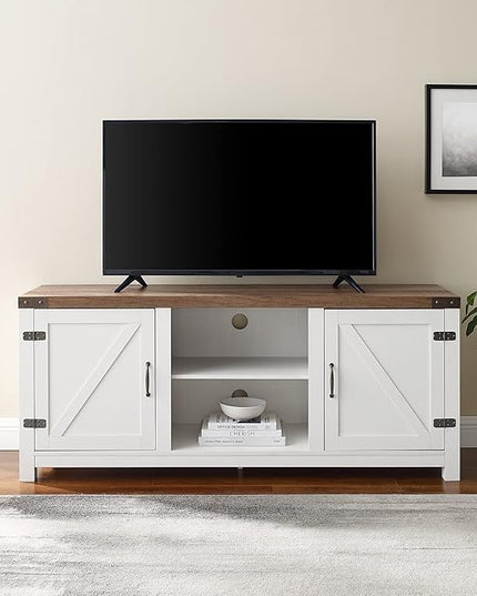 Walker Edison Larae Modern Farmhouse Two-Tone Barn Door Stand for TVs up to 65 Inches, Without Fireplace, Rustic Oak/White - LeafyLoom