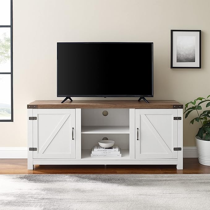 Walker Edison Larae Modern Farmhouse Two-Tone Barn Door Stand for TVs up to 65 Inches, Without Fireplace, Rustic Oak/White - LeafyLoom