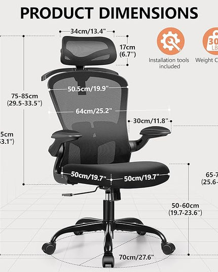FelixKing Office Chair with Headrest, Ergonomic Desk Chair with Wheels, Task Swivel Comfy Chair with Adjustable Lumbar Support, Breathable Mesh Computer Chair with flip-up Armrests (Black) - LeafyLoom