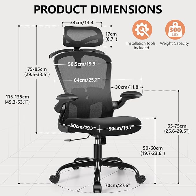 FelixKing Office Chair with Headrest, Ergonomic Desk Chair with Wheels, Task Swivel Comfy Chair with Adjustable Lumbar Support, Breathable Mesh Computer Chair with flip-up Armrests (Black) - LeafyLoom