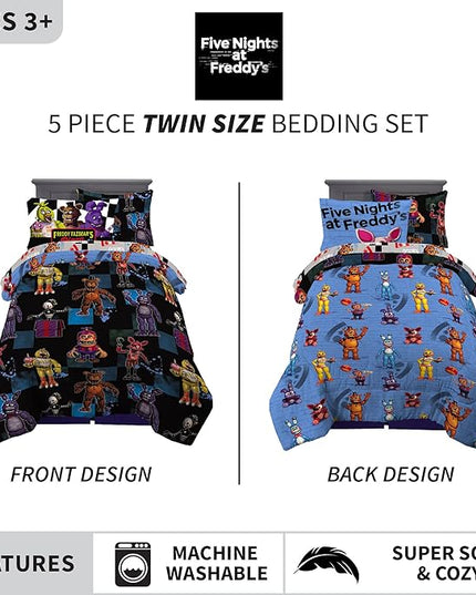 Franco Kids Bedding Super Soft Comforter and Sheet Set with Sham, 5 Piece Twin Size, Five Nights At Freddy's - LeafyLoom