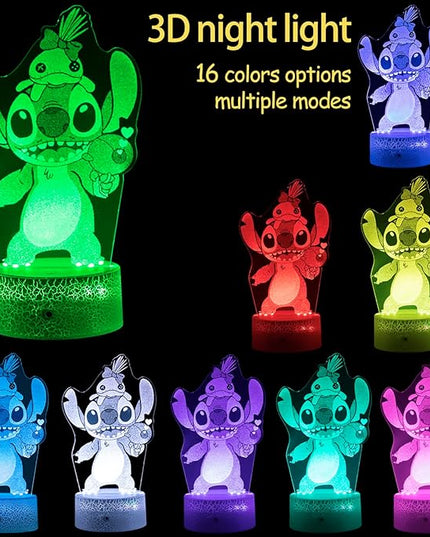 Stitch Night Light for Kids,Stitch Gifts,Christmas and Birthday Party Supplies for Boys/Girls, Stitch Decoration 3D Night Light, 16 Colors Change with Remote - LeafyLoom