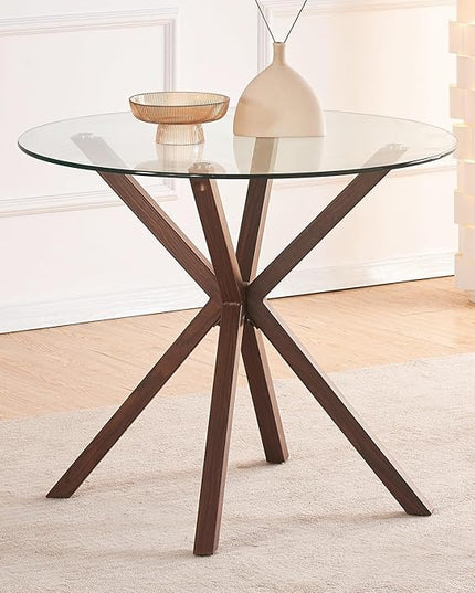 Round Glass Dining Table,34.7" Glass Top Kitchen Table with Wooden Grain Metal Legs,Modern Dining Room Table for 2 or 4,Circle Dinner Table for Kitchen, Small Spaces, Apartment - LeafyLoom