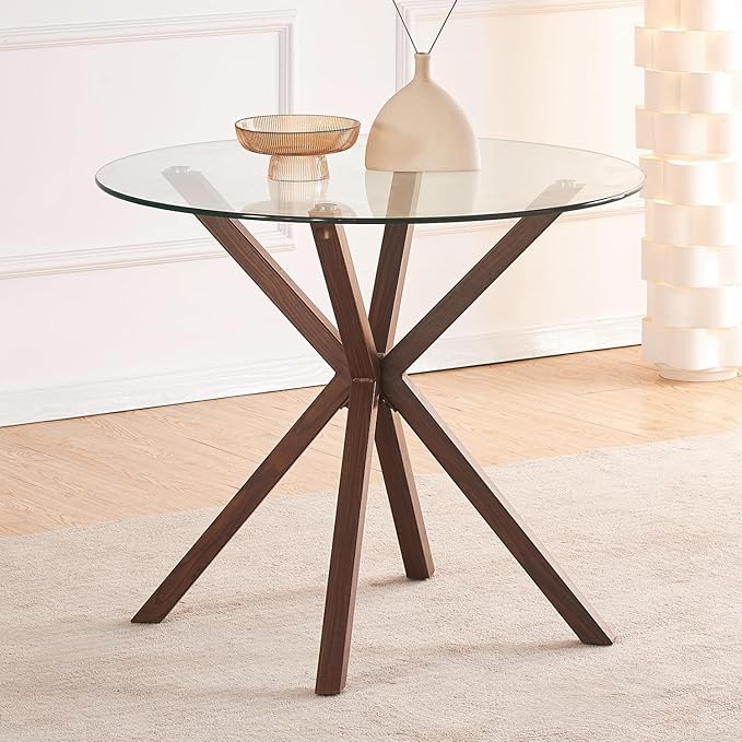 Round Glass Dining Table,34.7" Glass Top Kitchen Table with Wooden Grain Metal Legs,Modern Dining Room Table for 2 or 4,Circle Dinner Table for Kitchen, Small Spaces, Apartment - LeafyLoom