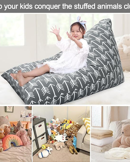 Jorbest Stuffed Animal Storage Bean Bag Chair for Kids and Adults, Bean Bag Stuffed Animal Storage, Stuffed Animal Bean Bag Velvet Stuffie Seat - Cover ONLY (Grey with White Arrows 200L/52 Gal) - LeafyLoom