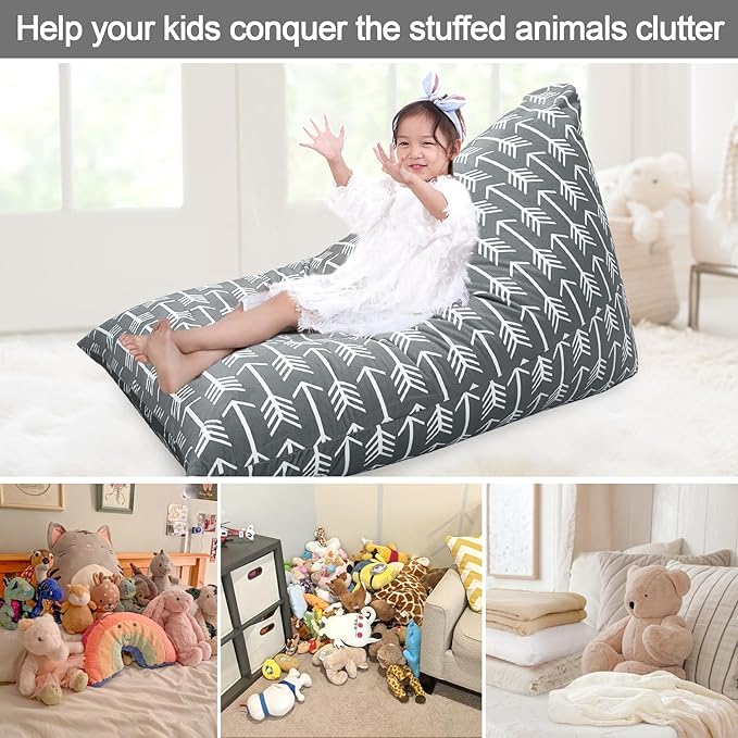 Jorbest Stuffed Animal Storage Bean Bag Chair for Kids and Adults, Bean Bag Stuffed Animal Storage, Stuffed Animal Bean Bag Velvet Stuffie Seat - Cover ONLY (Grey with White Arrows 200L/52 Gal) - LeafyLoom