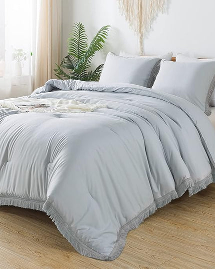 Andency Light Grey Comforter Set King, 3 Pieces Boho Tassel Lightweight Bedding Comforter Sets for King Bed, All Season Soft Fluffy Fringe Bed Set (104x90In Comforter & 2 Pillowcases) - LeafyLoom
