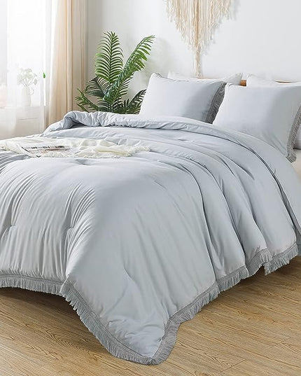 Andency Light Grey Comforter Set Queen, 3 Pieces Boho Tassel Lightweight Bedding Comforter Sets, All Season Soft Fluffy Fringe Bed Set (90x90In Comforter & 2 Pillowcases) - LeafyLoom