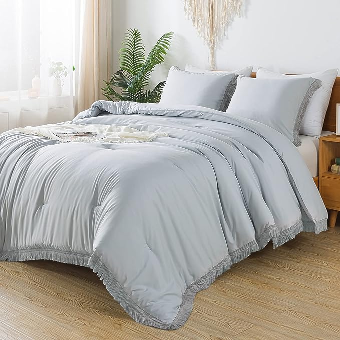 Andency Light Grey Comforter Set Queen, 3 Pieces Boho Tassel Lightweight Bedding Comforter Sets, All Season Soft Fluffy Fringe Bed Set (90x90In Comforter & 2 Pillowcases) - LeafyLoom