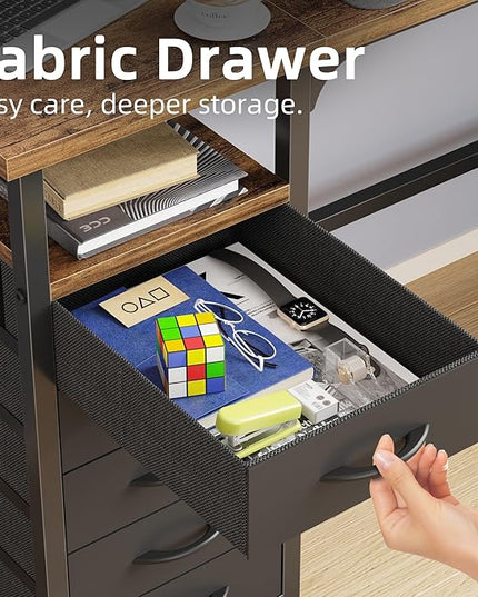 Desk with 10 Fabric Drawers Classified Organizer - 55"/140 Office Desks with Ample Storage, Computer Work Desk Study Writing Table Workstation for Home Office Space Deep Black - LeafyLoom