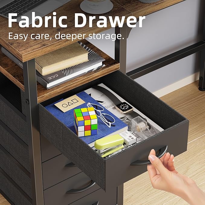 Desk with 10 Fabric Drawers Classified Organizer - 55"/140 Office Desks with Ample Storage, Computer Work Desk Study Writing Table Workstation for Home Office Space Deep Black - LeafyLoom