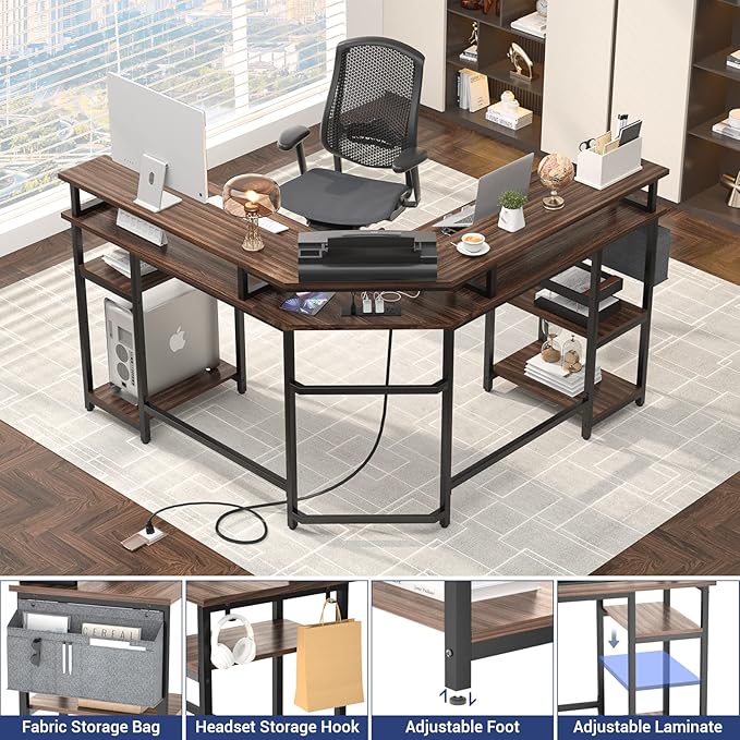 Aheaplus L Shaped Gaming Desk with Power Outlets & LED Lights, L- Shaped Desk Computer Corner Desk with Monitor Stand and Storage Shelf, Home Office Desk Writing Desk with Storage Bag, Espresso - LeafyLoom