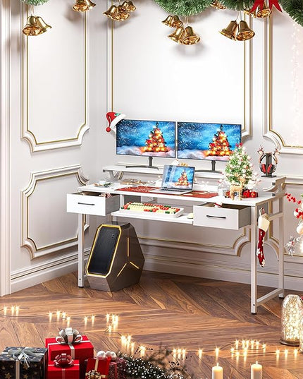 ODK Computer Desk Study Table, 55 Inch Office Desk with Drawers and Keyboard Tray, Study Desk Work Desk with Monitor Shelf, Writing Desk with Storage for Home Office, White - LeafyLoom