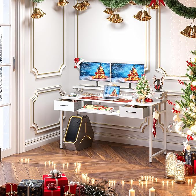 ODK Computer Desk Study Table, 55 Inch Office Desk with Drawers and Keyboard Tray, Study Desk Work Desk with Monitor Shelf, Writing Desk with Storage for Home Office, White - LeafyLoom