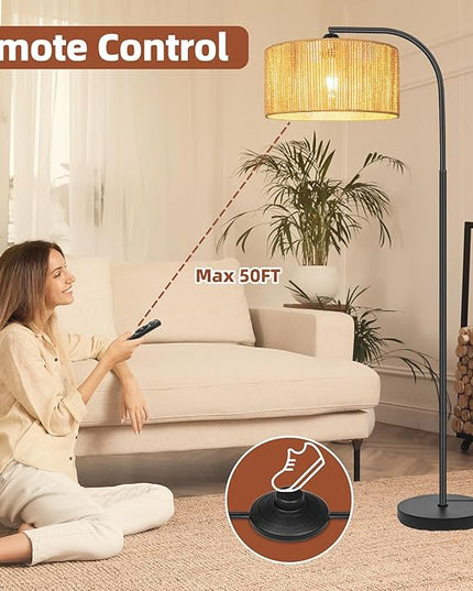 Boho Standing Lamp with Dimmable Bulb Nartual Rattan Adjustable Lampshade, Black Modern Farmhouse Rattan Floor Lamp for Living Room, Bedroom, Office, Classroom - LeafyLoom