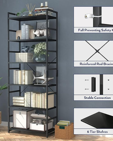 NUMENN 6 Tier Bookshelf, Tall Bookcase Shelf Storage Organizer, Modern Book Shelf for Bedroom, Living Room and Home Office, Black - LeafyLoom