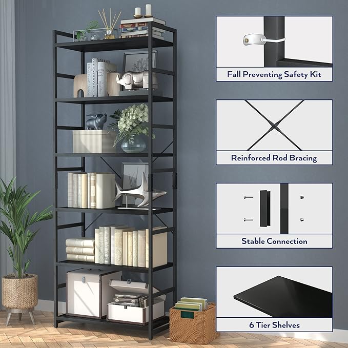 NUMENN 6 Tier Bookshelf, Tall Bookcase Shelf Storage Organizer, Modern Book Shelf for Bedroom, Living Room and Home Office, Black - LeafyLoom