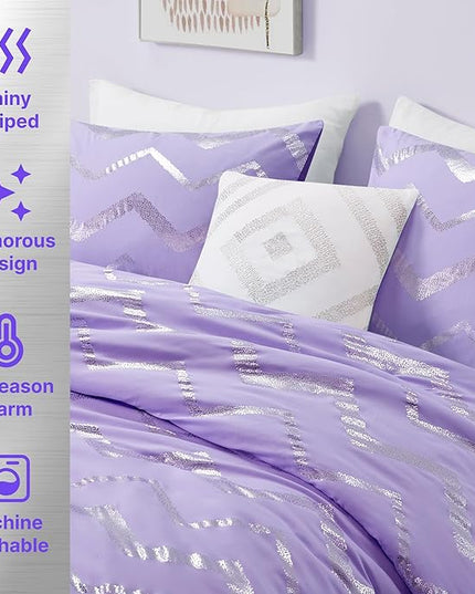 Codi Purple Comforter Set Full - Metallic Silver and Lavender Bedding Sets Queen Size - 4 Piece Set for Girls, includes 1 Comforter, 1 Decorative Pillow, 2 Pillow Cases - All Season Warm - LeafyLoom