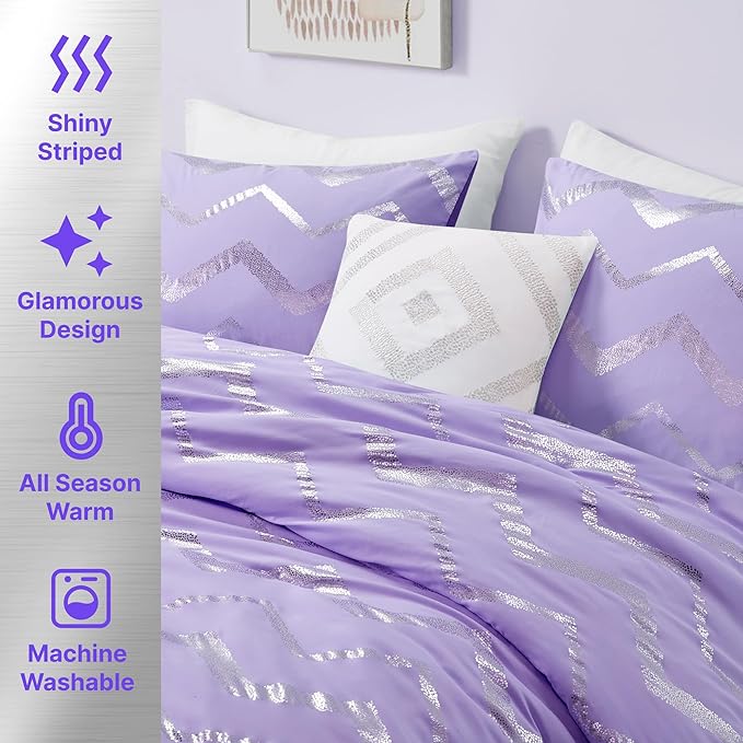 Codi Purple Comforter Set Full - Metallic Silver and Lavender Bedding Sets Queen Size - 4 Piece Set for Girls, includes 1 Comforter, 1 Decorative Pillow, 2 Pillow Cases - All Season Warm - LeafyLoom