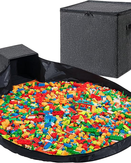 Toy Storage Organizer and Play Mat 13"x13"x13 Basket for Building Bricks Collapsible Storage Box for Kids Nonwoven Fabric Organizer Cube Bin - LeafyLoom
