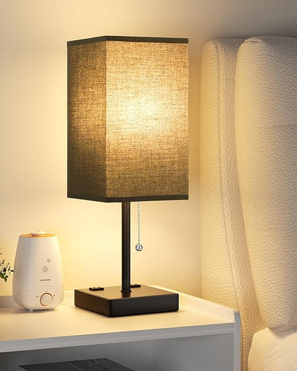 aooshine Black Table Lamp for Bedroom - 3 Color Temperature 3000K 5000K 4000K Bedside Lamp, Pull Chain Control, USB A and C Ports, AC Outlets, Bulb Included, Medium - LeafyLoom
