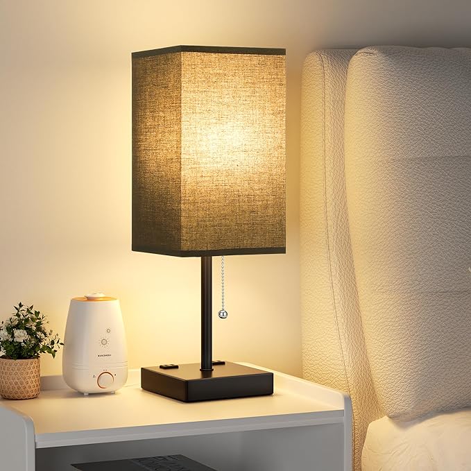aooshine Black Table Lamp for Bedroom - 3 Color Temperature 3000K 5000K 4000K Bedside Lamp, Pull Chain Control, USB A and C Ports, AC Outlets, Bulb Included, Medium - LeafyLoom