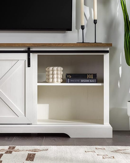 Walker Edison Corbin Modern Farmhouse Sliding X Barn Door TV Stand for TVs up to 80 Inches, 70 Inch, Reclaimed Barnwood and Brushed White - LeafyLoom