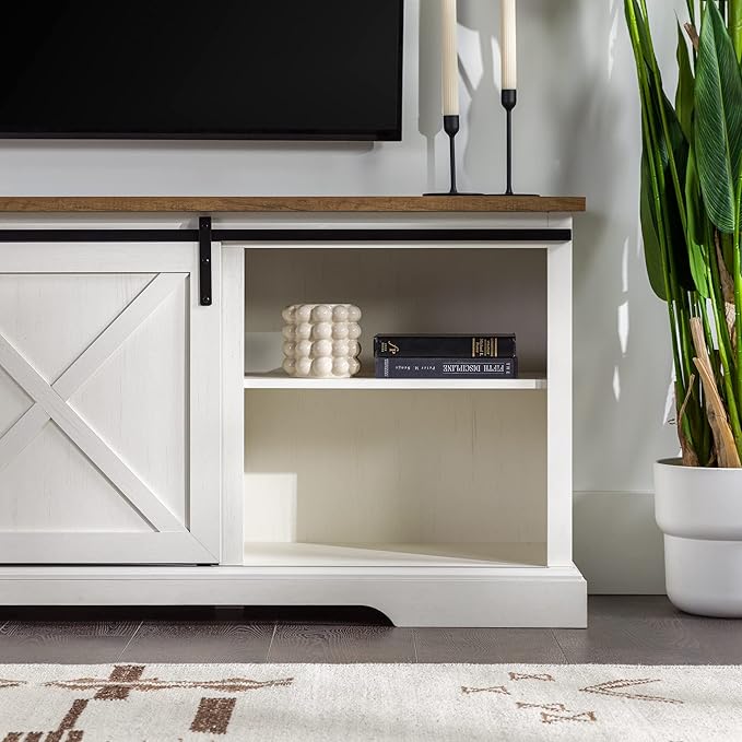 Walker Edison Corbin Modern Farmhouse Sliding X Barn Door TV Stand for TVs up to 80 Inches, 70 Inch, Reclaimed Barnwood and Brushed White - LeafyLoom